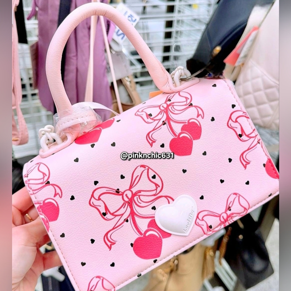 Betsey Johnson LBevie Coquette Bow Cherry Hearts Pink Satchel Crossbody Purse